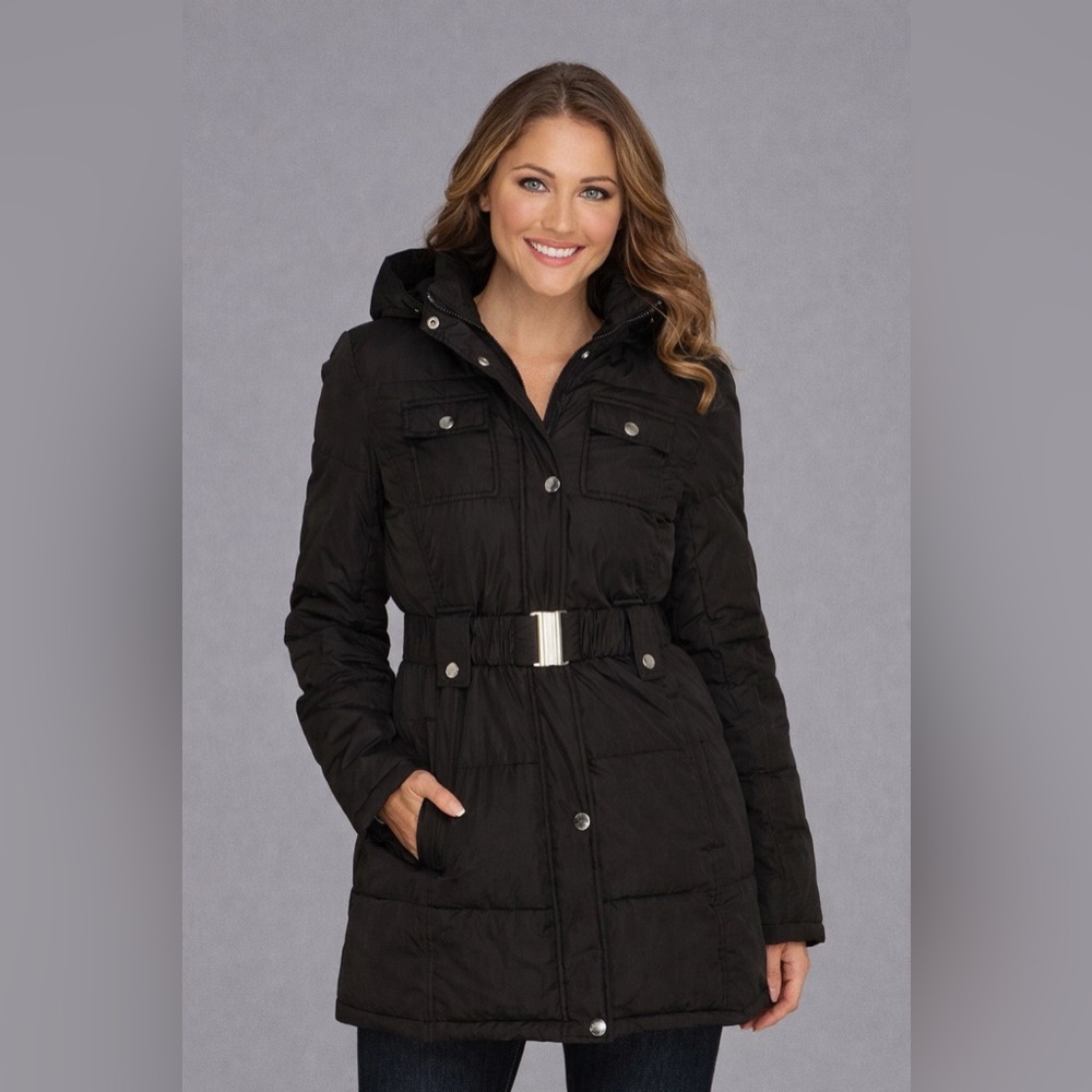Esprit 3/4 Length Cinched Waist Belted Puffer Coat Black Size Medium